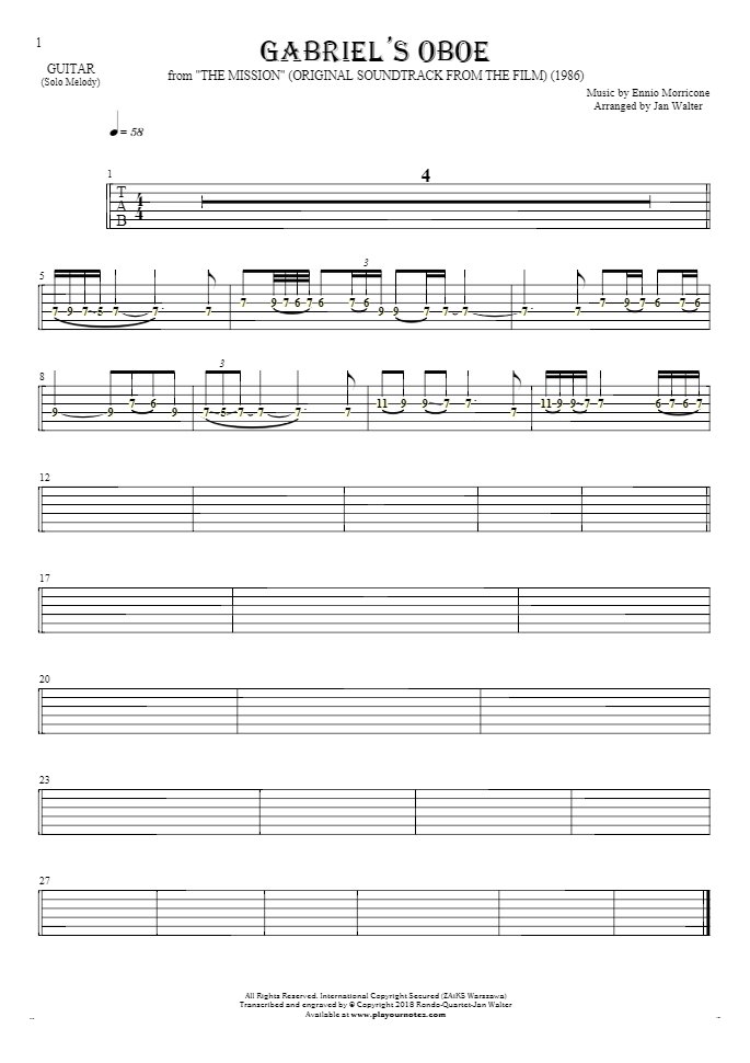 Gabriel's Oboe - Tablature (rhythm. values) for guitar - melody line