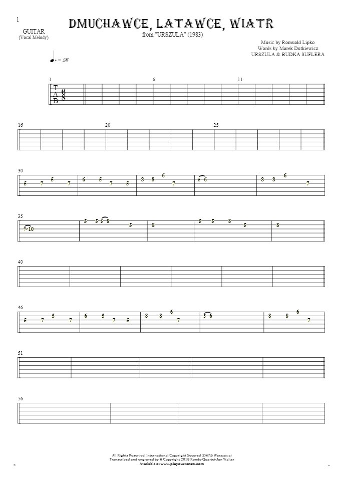 Slowly Walking - Tablature for guitar - melody line