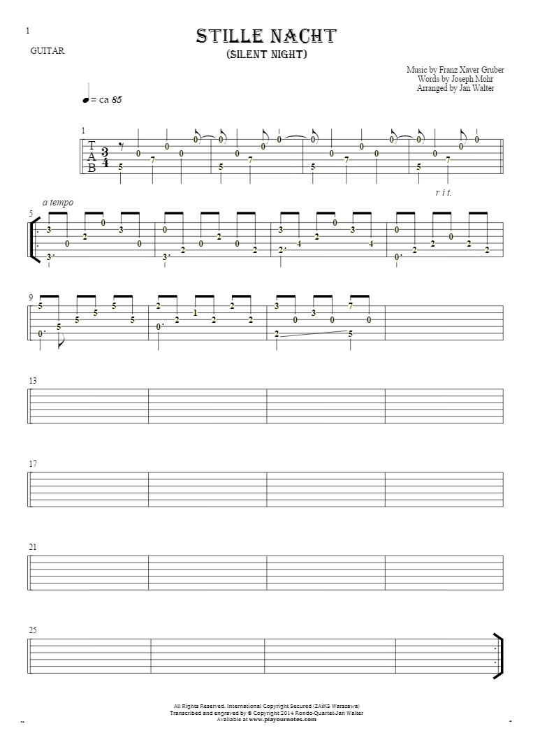 Silent Night - Tablature (rhythm values) for guitar solo (fingerstyle)