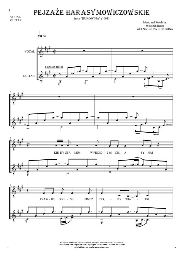 Pejzaże harasymowiczowskie - Notes and lyrics for vocal and guitar