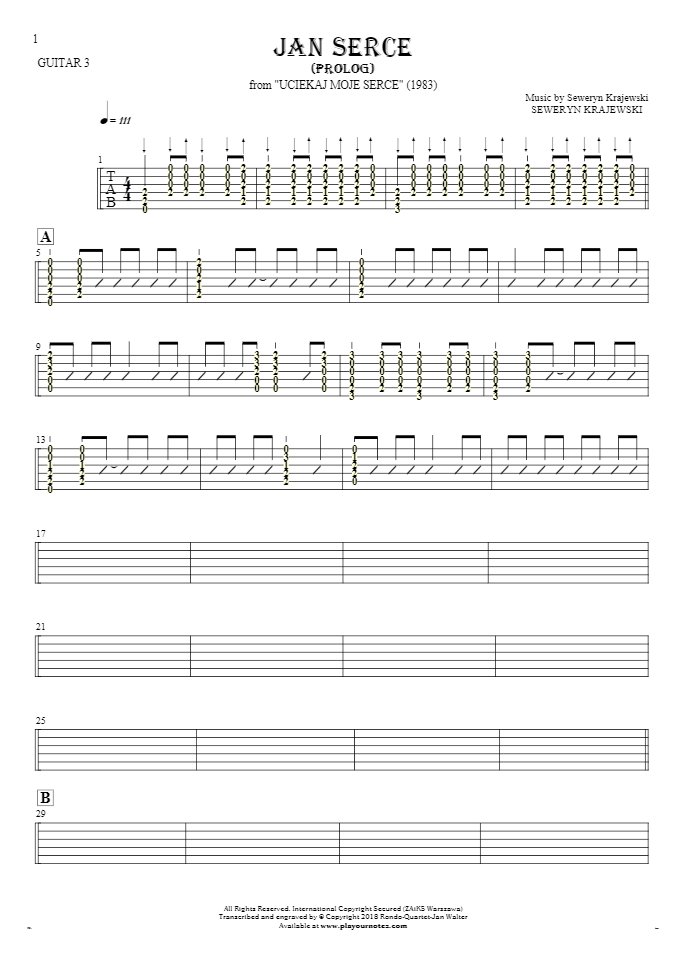 Jan Serce - Prolog - Tablature (rhythm. values) for guitar - guitar 3 part