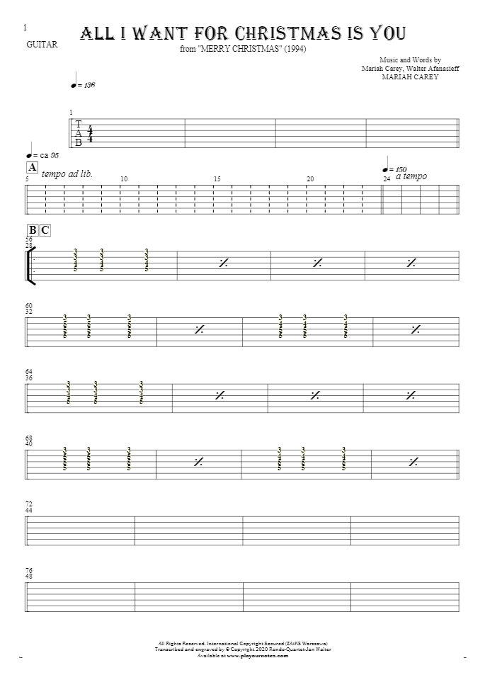All I Want For Christmas Is You - Tablature for guitar