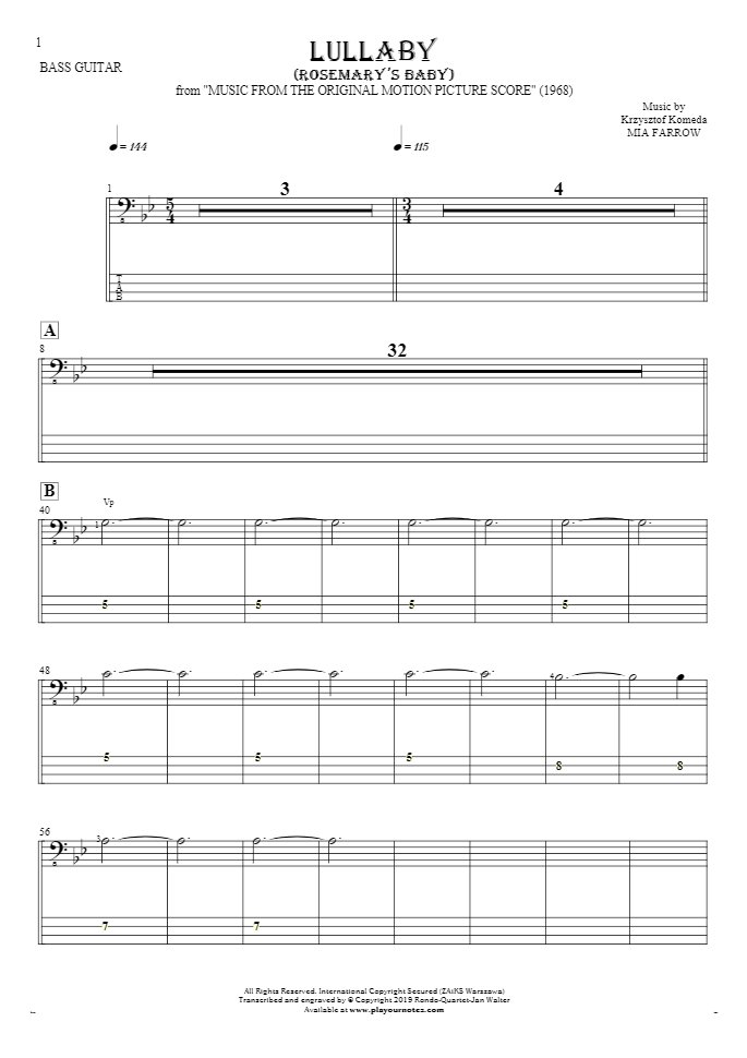 Lullaby - Rosemary's Baby - Notes and tablature for bass guitar
