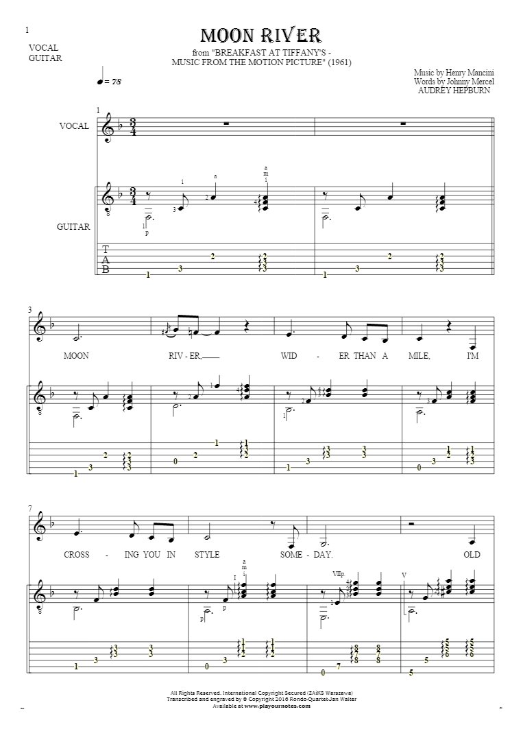 Moon River - Notes, tablature and lyrics for vocal with guitar accompaniment