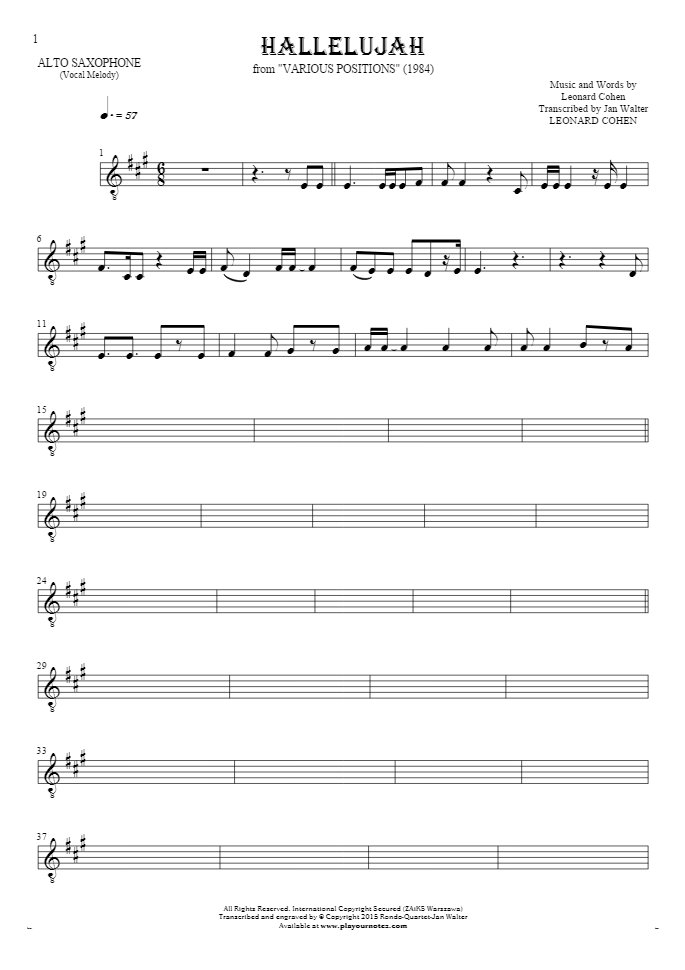 Hallelujah - Notes for alto saxophone - melody line