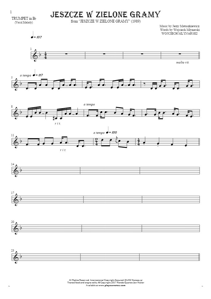 Jeszcze w zielone gramy - Notes for trumpet - melody line