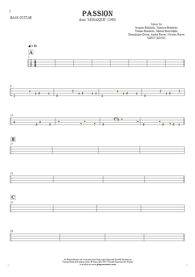 Passion - Tablature for bass guitar