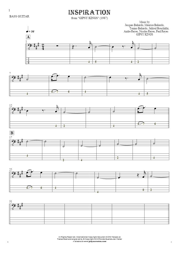 Inspiration - Notes and tablature for bass guitar