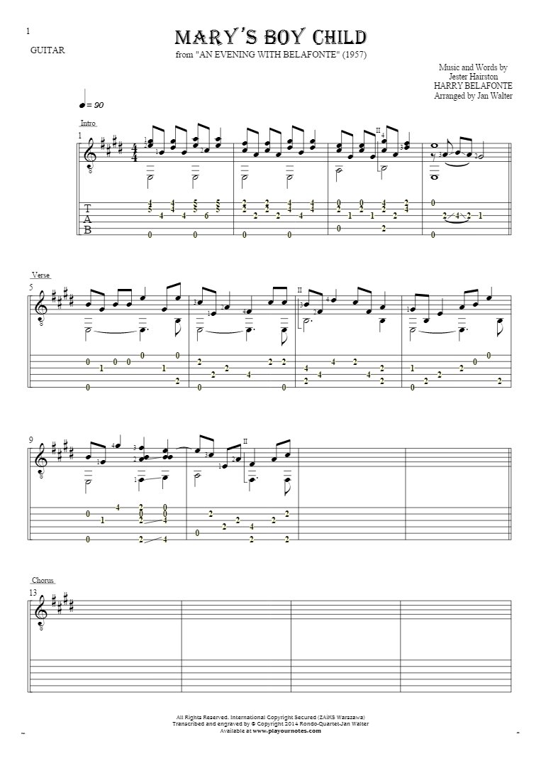Mary's Boy Child - Notes and tablature for guitar solo (fingerstyle)