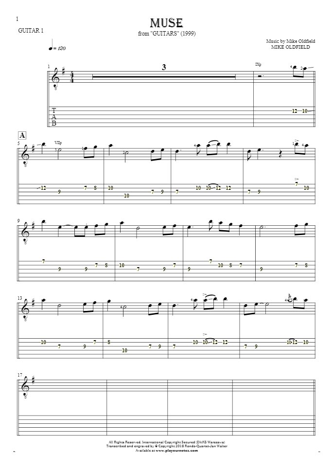 Muse - Notes and tablature for guitar - guitar 1 part