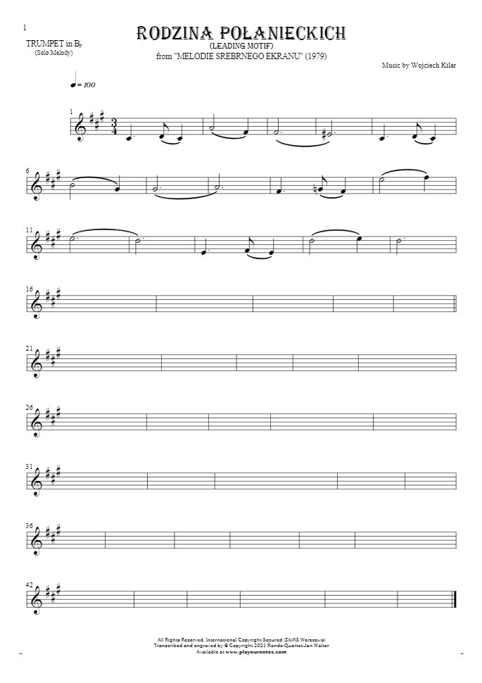 Rodzina Połanieckich - Notes for trumpet - melody line