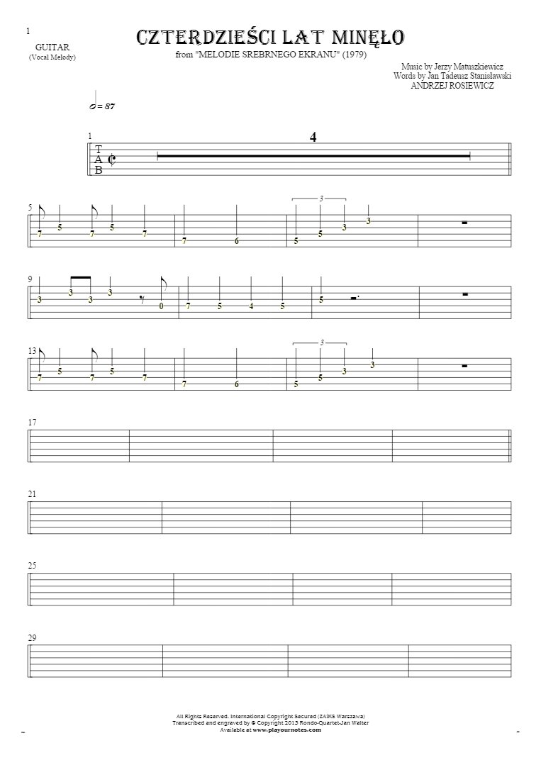 Czterdzieści Lat Minęło - Tablature (rhythm values) for guitar - melody line