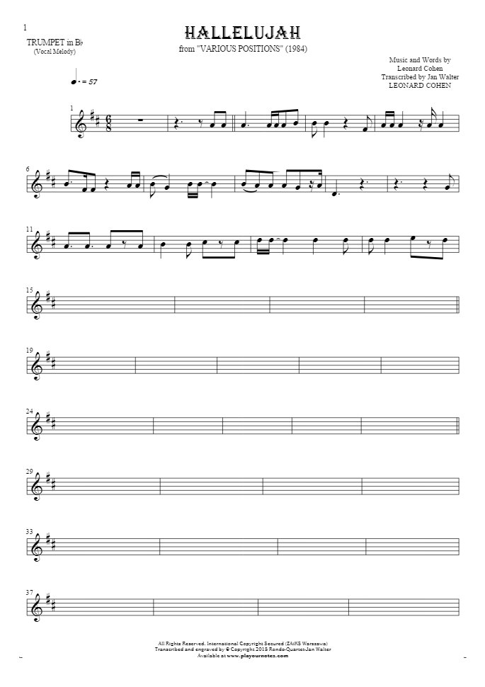 Hallelujah - Notes for trumpet - melody line