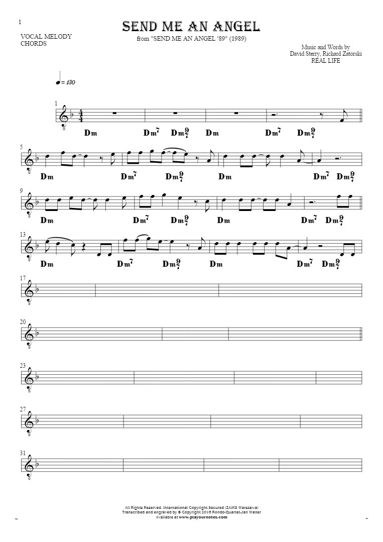 Send Me An Angel - Notes and chords for solo voice with accompaniment