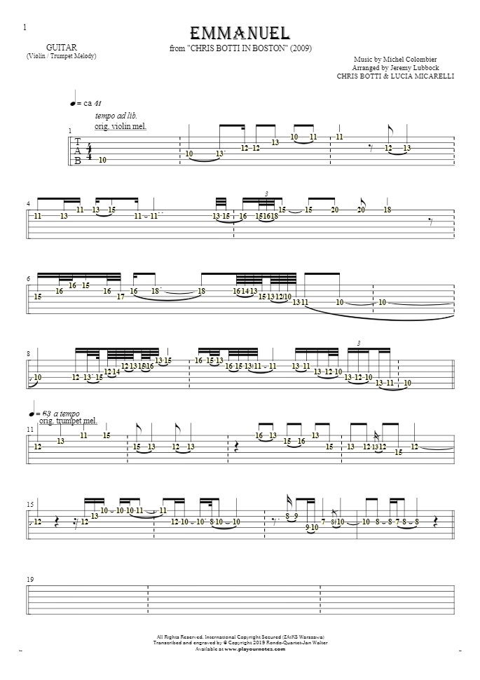 Emmanuel - Tablature (rhythm. values) for guitar