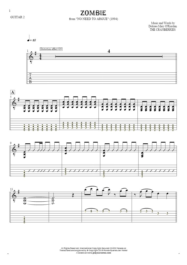 Zombie - Notes and tablature for guitar - guitar 2 part