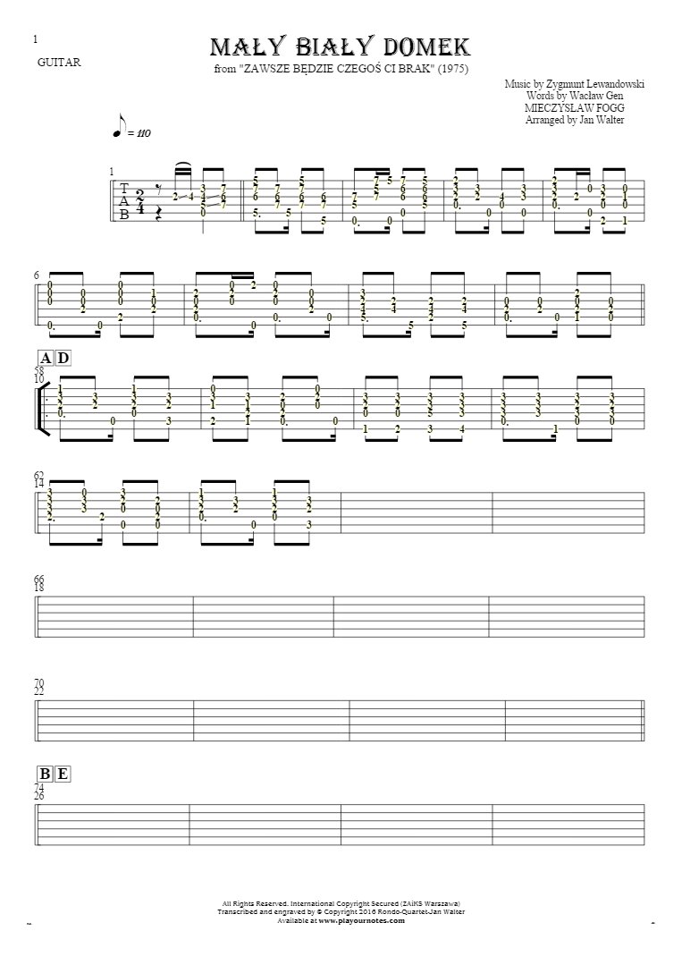 Mały biały domek - Tablature (rhythm values) for guitar - accompaniment