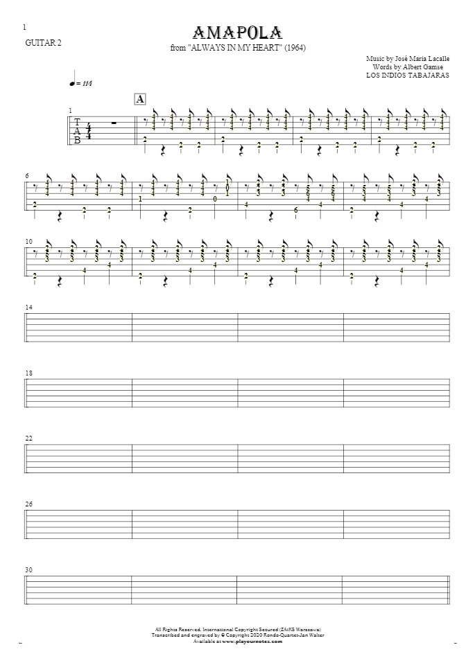 Amapola - Tabulatur (Rhythm. Werte) für Gitarre - Gitarrestimme 2
