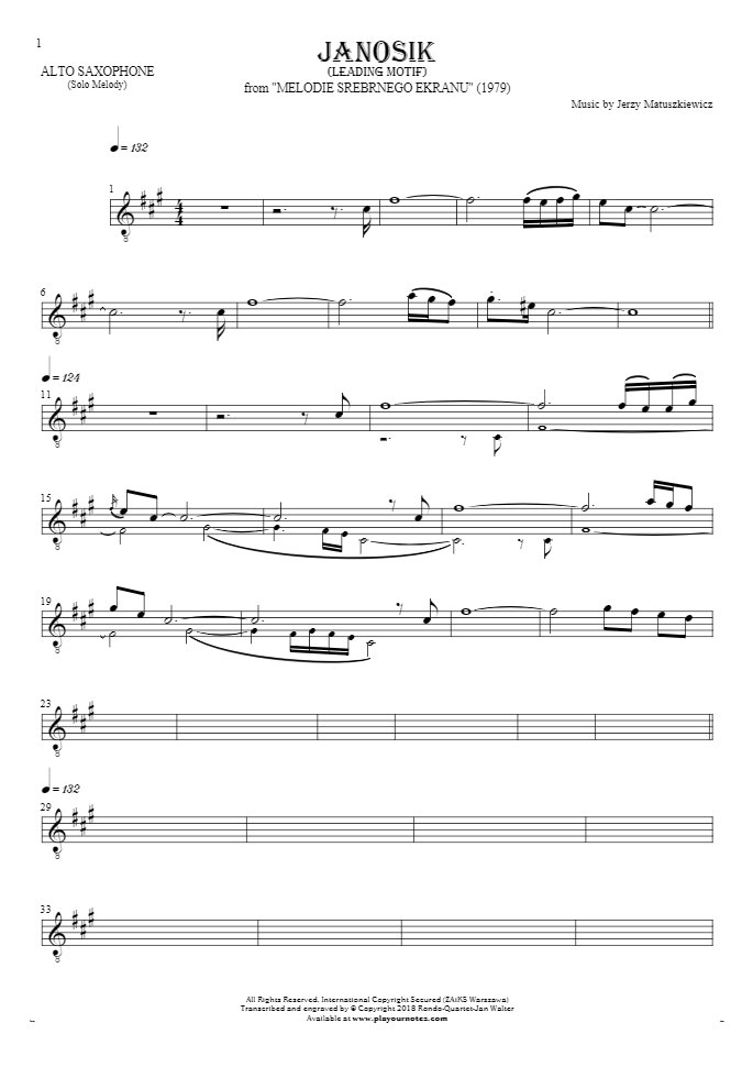 Janosik - motyw główny - Nuty na saksofon altowy - linia melodyczna