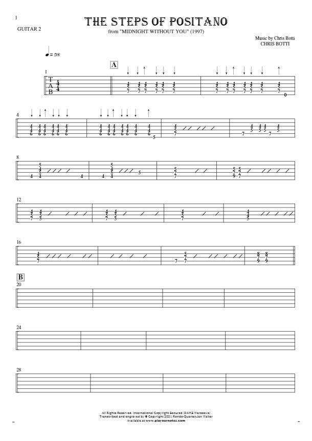 The Steps of Positano - Tablature for guitar - guitar 2 part