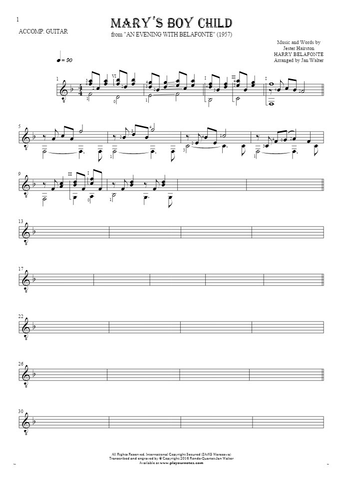 Mary's Boy Child - Notes for guitar - accompaniment