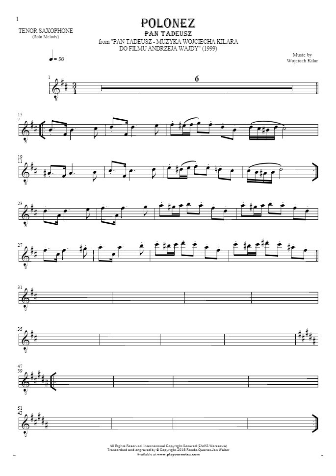 Polonez - Pan Tadeusz - Notes for tenor saxophone - melody line