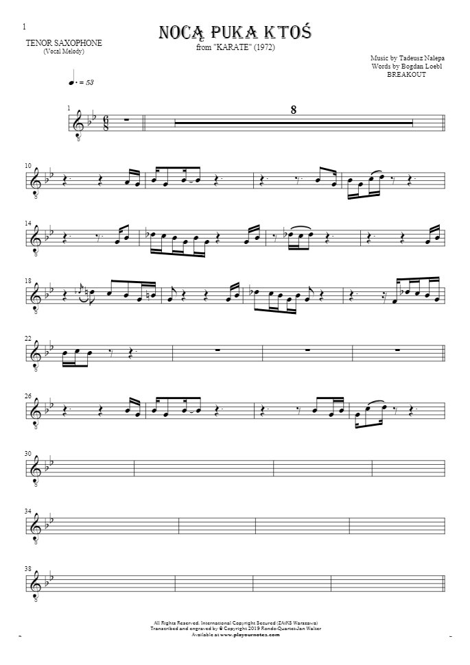 Somebody's Knocking At The Door At Nigh - Notes for tenor saxophone - melody line
