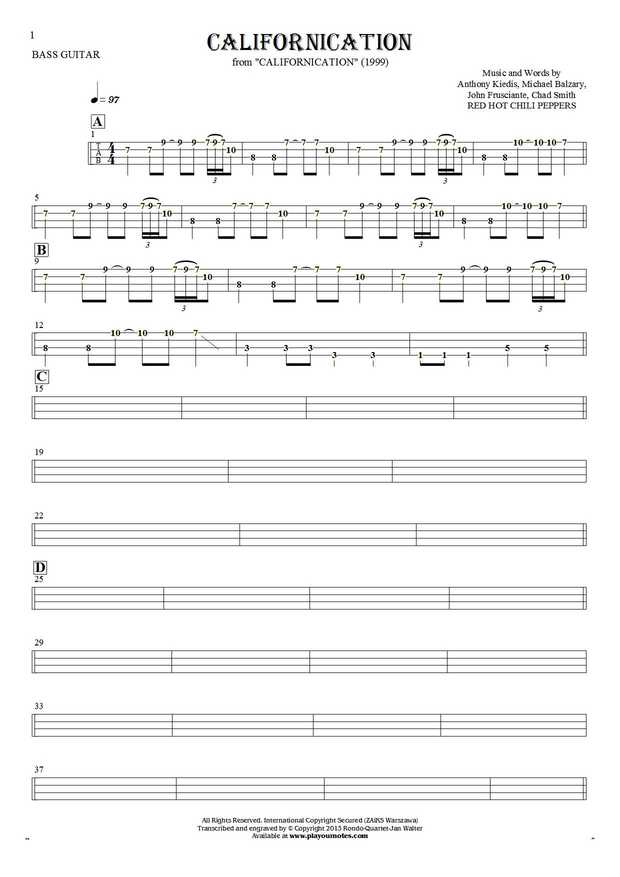 Californication - Tablature (rhythm values) for bass guitar
