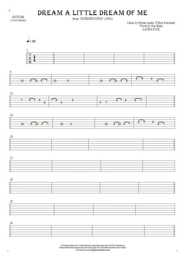 Dream a Little Dream of Me - Tablature for guitar - melody line