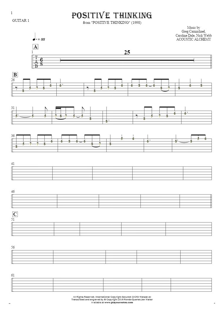 Positive Thinking - Tablature (rhythm. values) for guitar - guitar 1 part