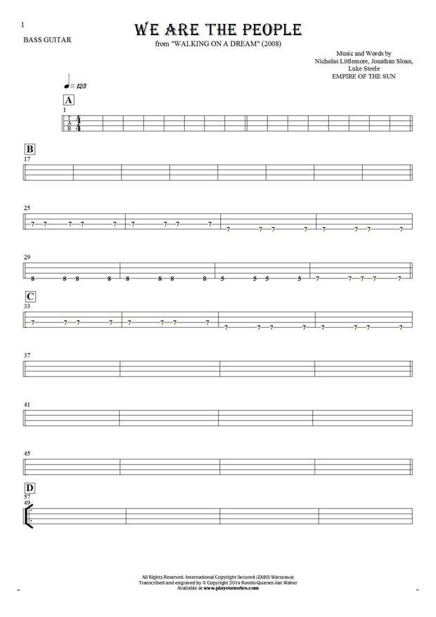 We Are the People - Tablature for bass guitar