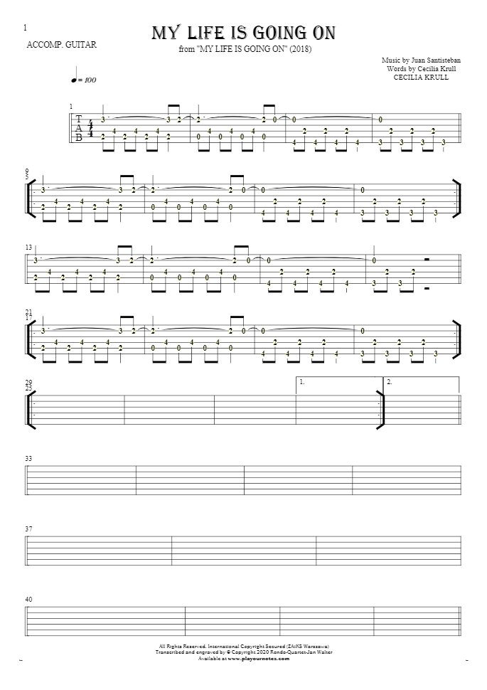 My Life Is Going On - Tablature (rhythm. values) for guitar - accompaniment
