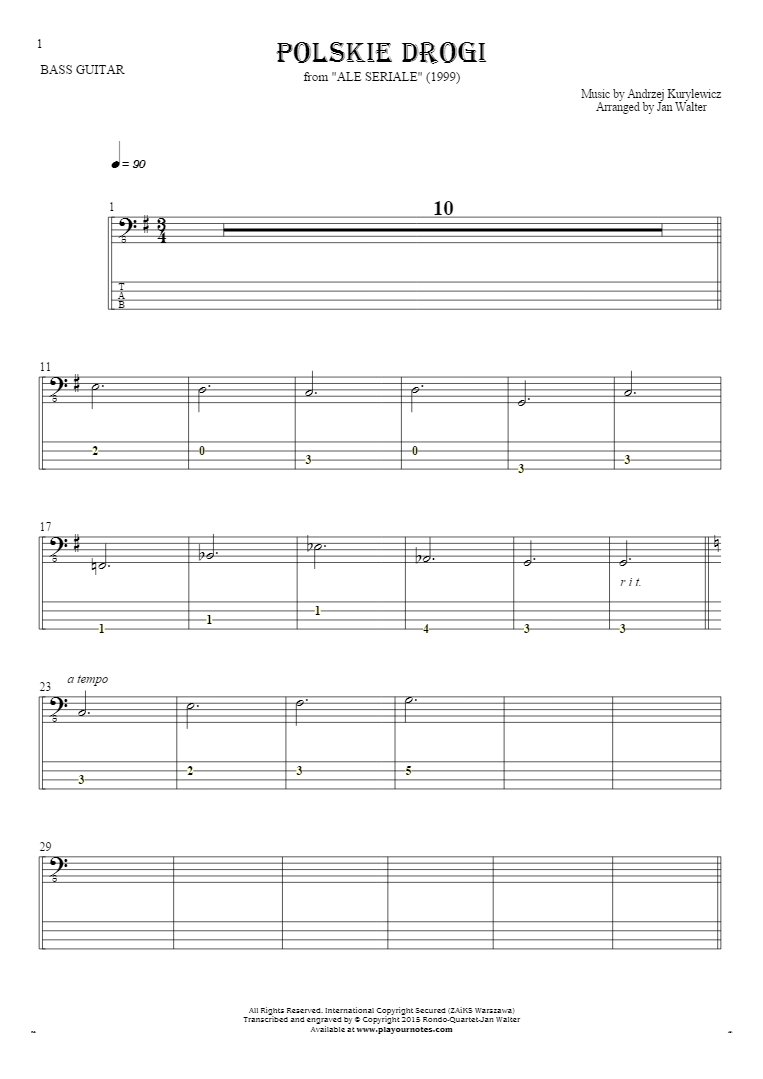 Polskie drogi - Notes and tablature for bass guitar