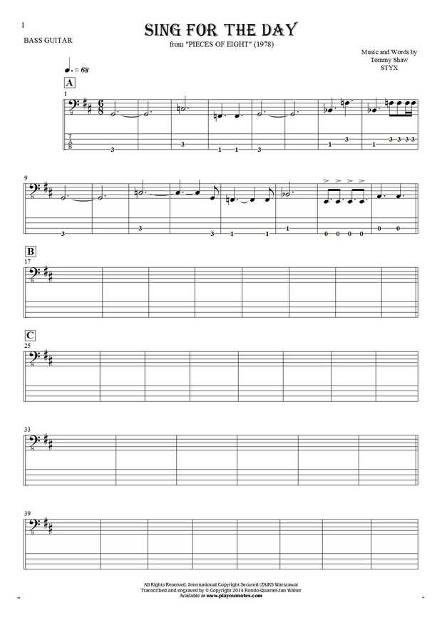 Sing for the Day - Notes and tablature for bass guitar