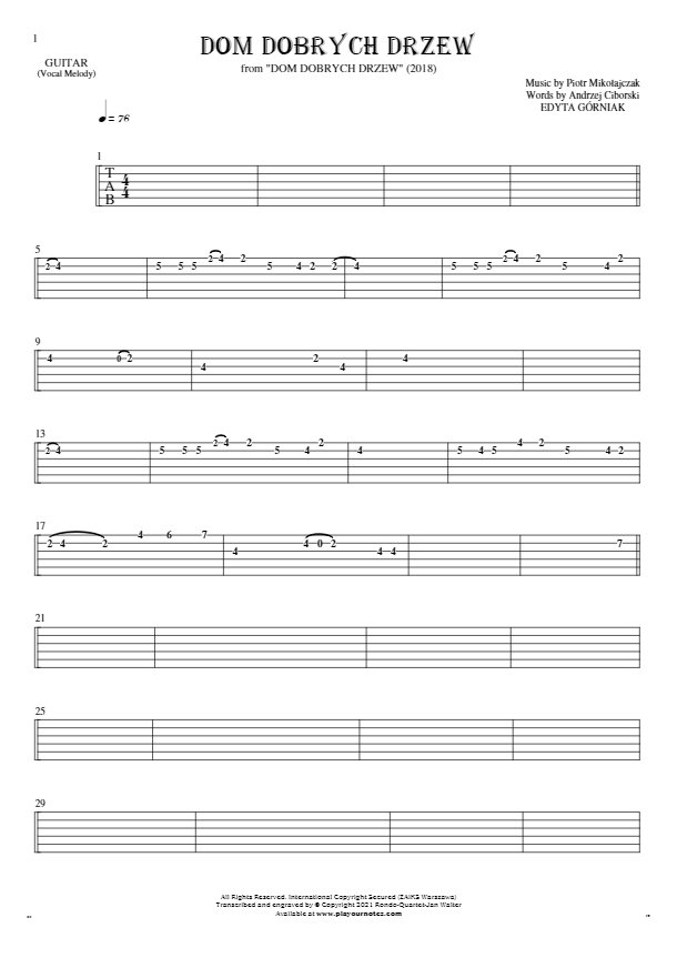 Dom dobrych drzew - Tablature for guitar - melody line