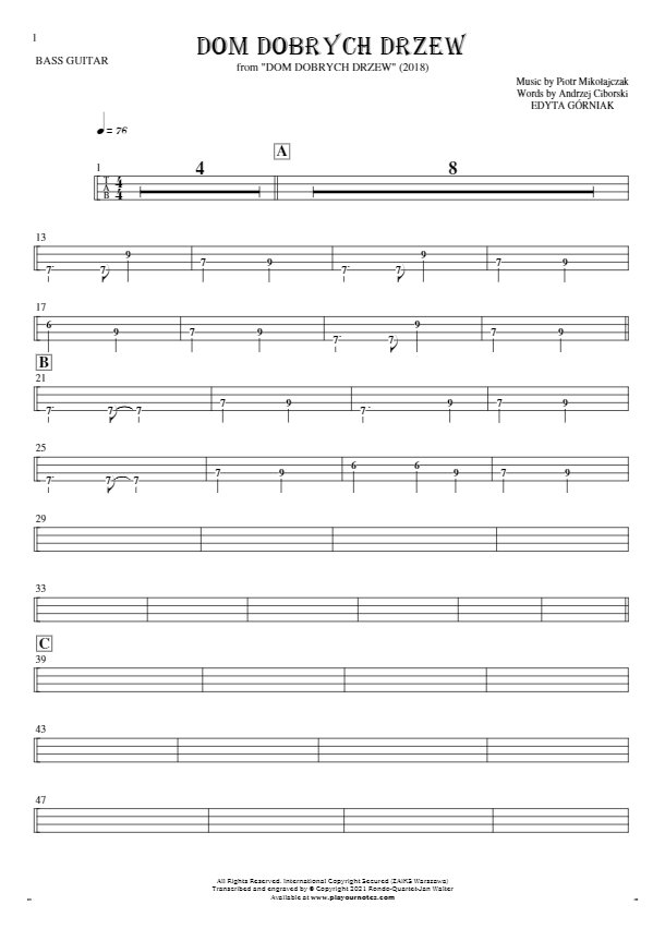 Dom dobrych drzew - Tablature (rhythm. values) for bass guitar
