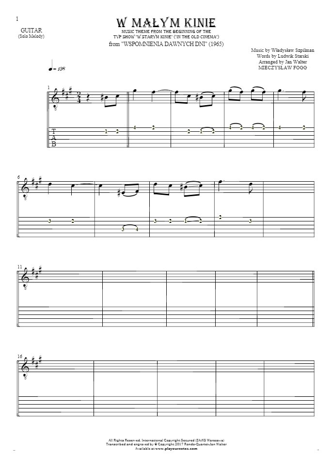 In the small cinema - Notes and tablature for guitar - melody line