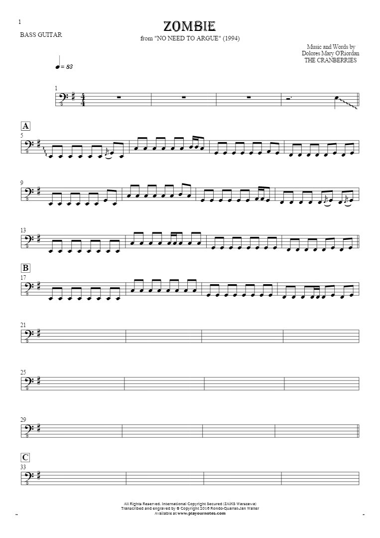 Zombie - Notes for bass guitar