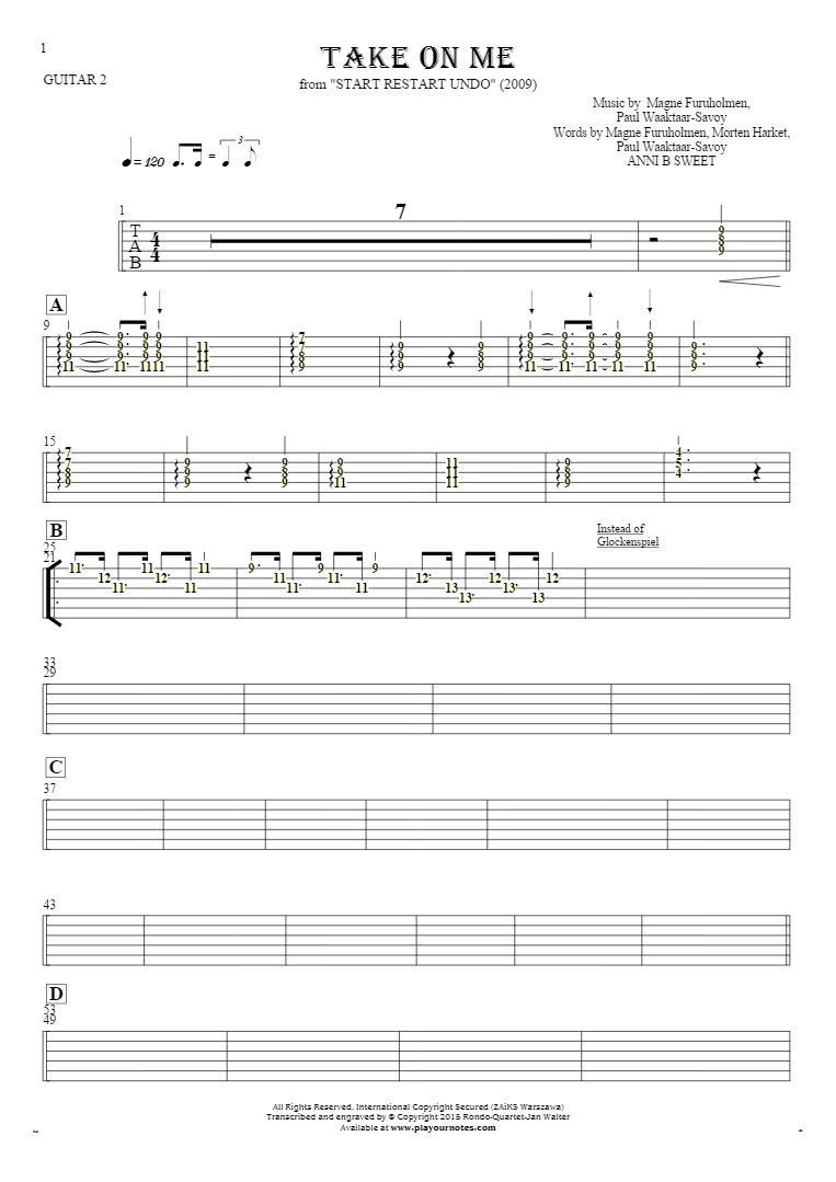 Take On Me - Tablature (rhythm values) for guitar - guitar 2 part