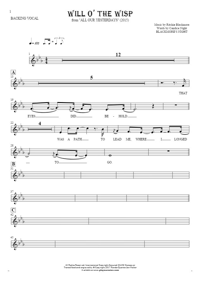 Will O The Wisp - Blackmores Night - Sheet music and guitar tablatures