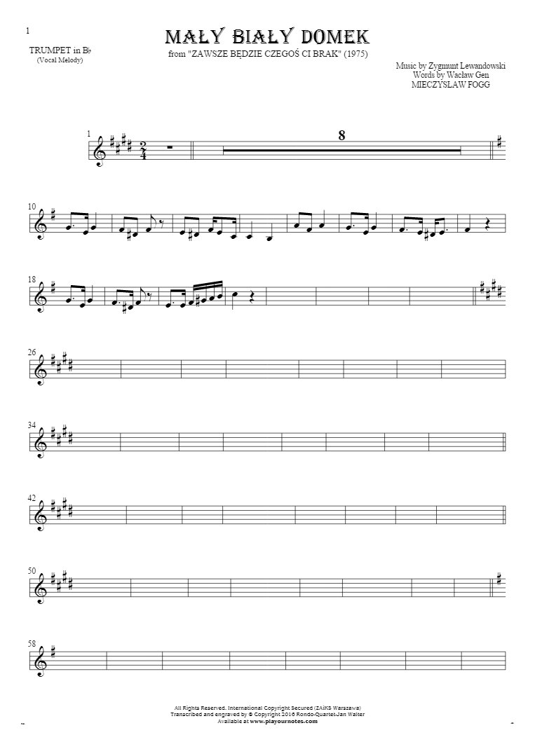 Mały biały domek - Notes for trumpet - melody line