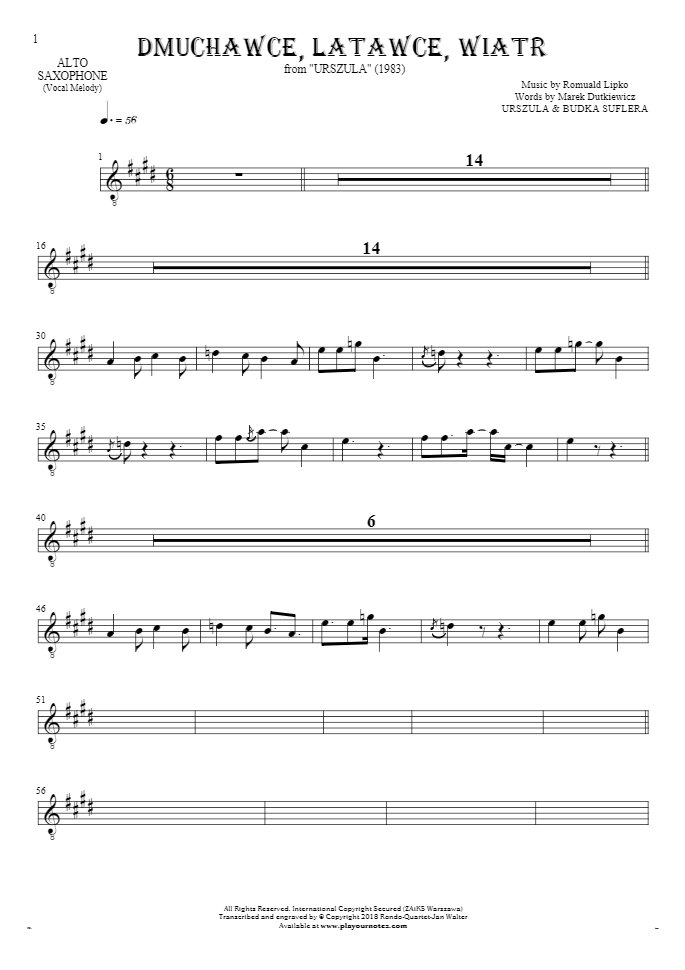 Dmuchawce, latawce, wiatr - Noten für Alt Saxophon - Melodielinie