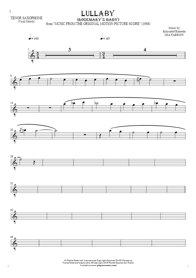 Lullaby - Rosemary's Baby - Notes for tenor saxophone - melody line