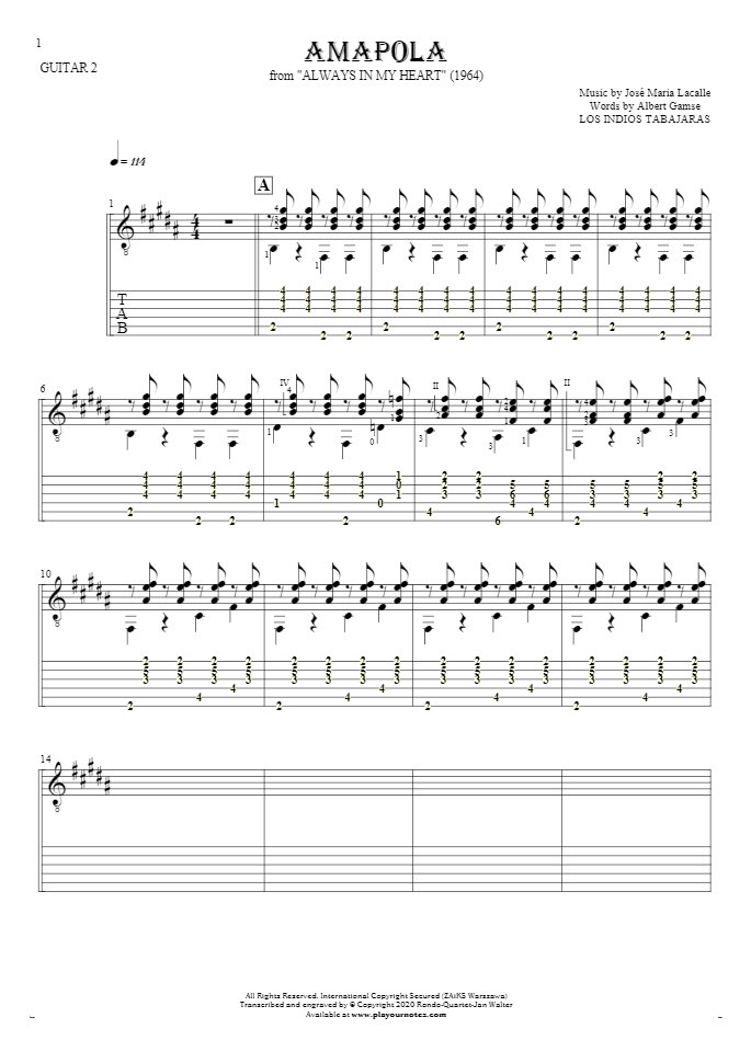 Amapola - Notes and tablature for guitar - guitar 2 part