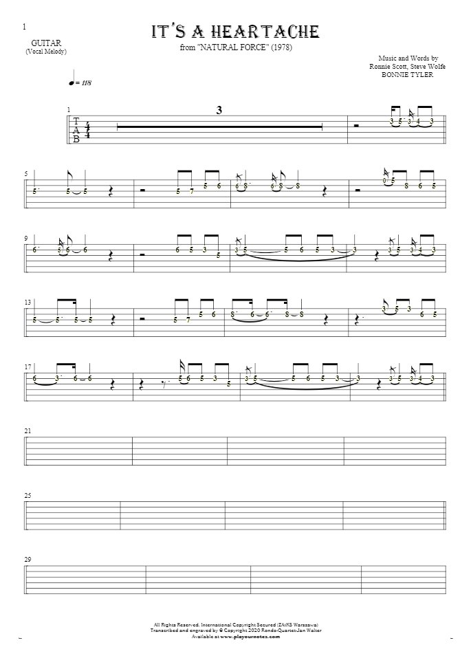 It's a Heartache - Tablature (rhythm. values) for guitar - melody line