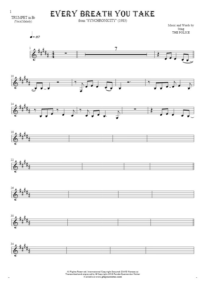 Every Breath You Take - Notes for trumpet - melody line