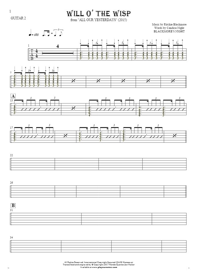 Will O' The Wisp - Tablature (rhythm. values) for guitar - guitar 2 part