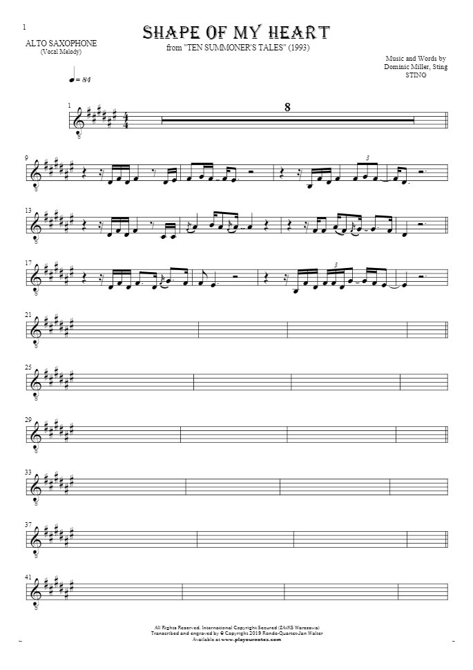 Shape Of My Heart - Notes for alto saxophone - melody line