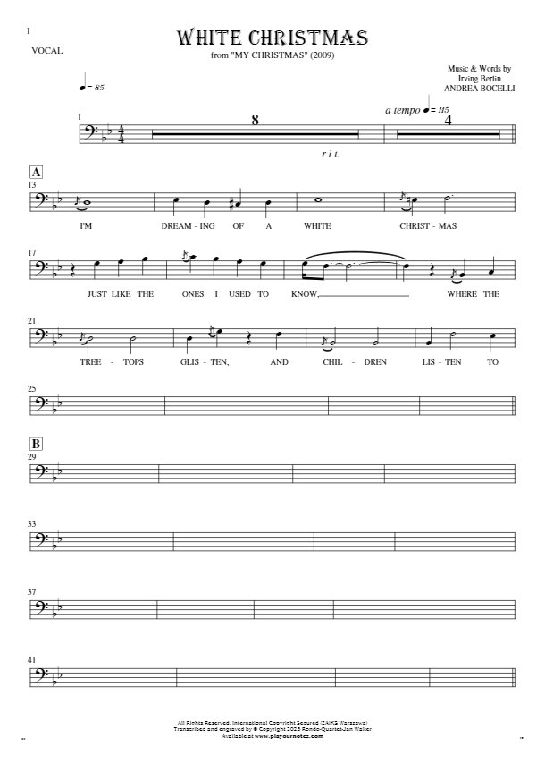 White Christmas - Notes and lyrics-(bass clef) for vocal - melody line