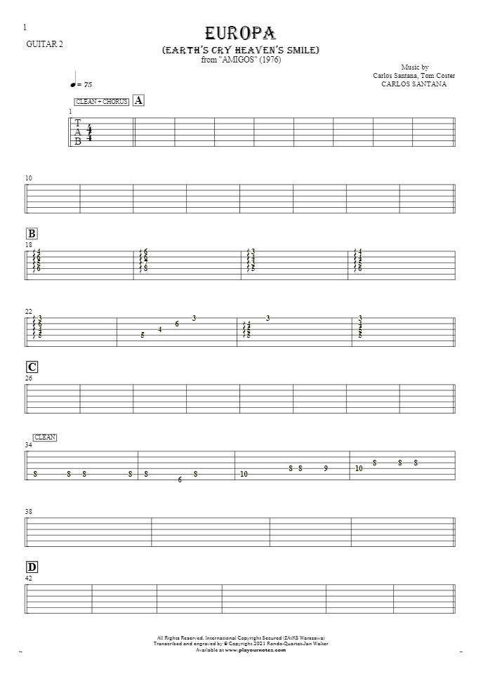 Europa (Earth's Cry Heaven's Smile) - Tablature for guitar - guitar 2 part